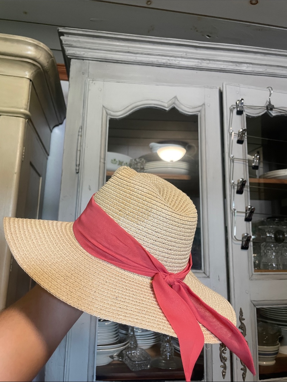 Vince Camuto Natural Straw Sun Hat with Pink Scarf Tie